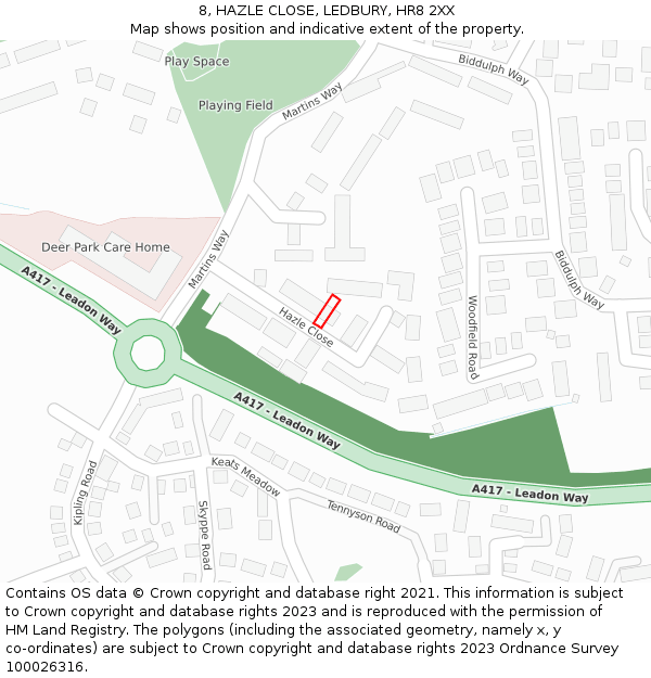 8, HAZLE CLOSE, LEDBURY, HR8 2XX: Location map and indicative extent of plot