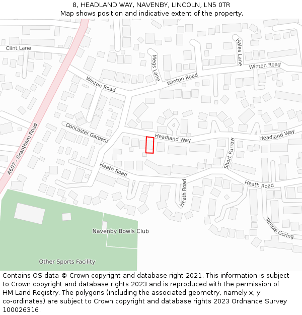 8, HEADLAND WAY, NAVENBY, LINCOLN, LN5 0TR: Location map and indicative extent of plot