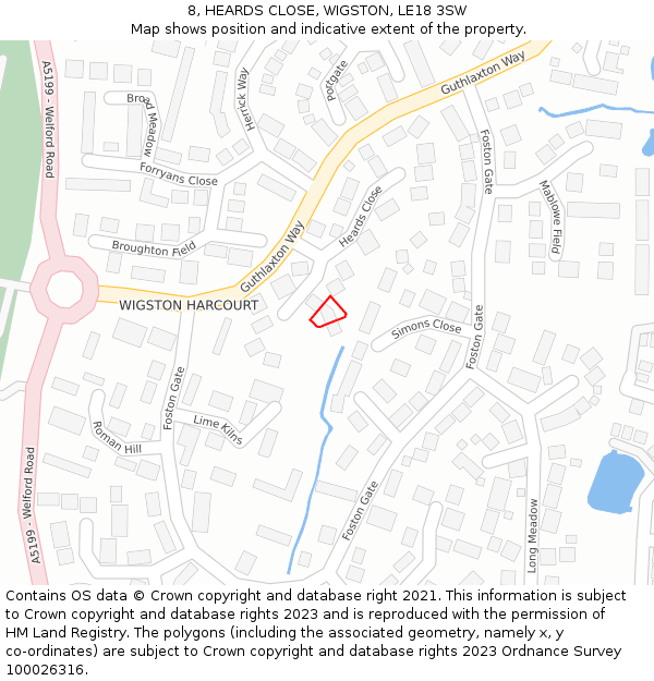 8, HEARDS CLOSE, WIGSTON, LE18 3SW: Location map and indicative extent of plot