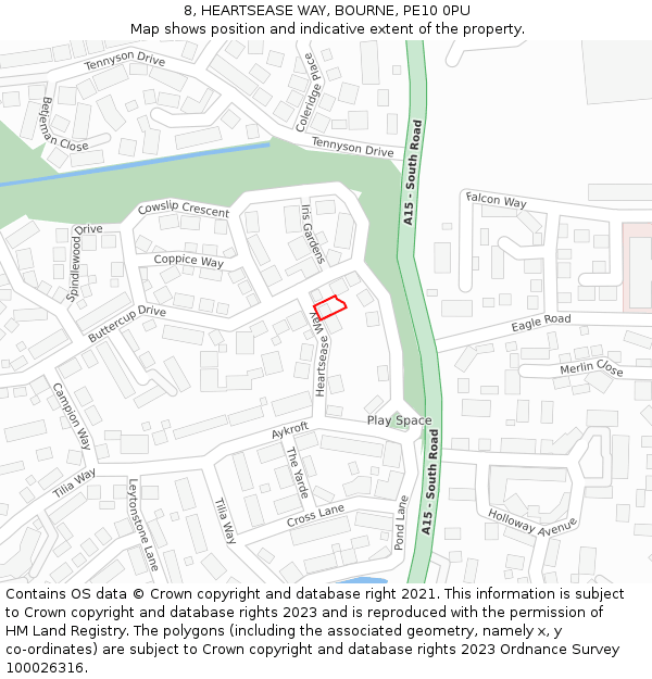 8, HEARTSEASE WAY, BOURNE, PE10 0PU: Location map and indicative extent of plot
