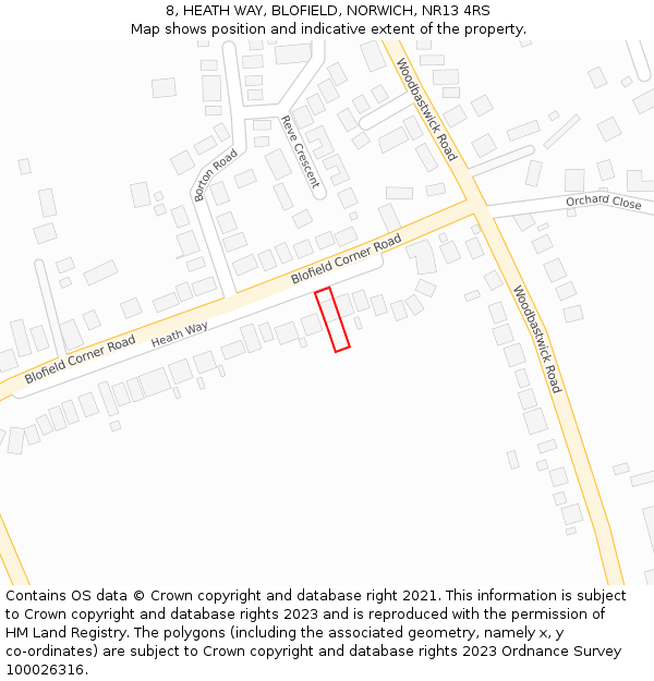 8, HEATH WAY, BLOFIELD, NORWICH, NR13 4RS: Location map and indicative extent of plot