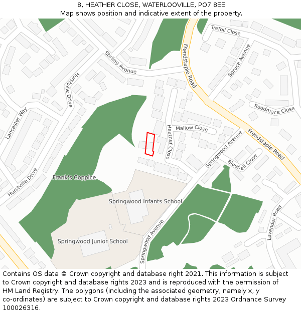 8, HEATHER CLOSE, WATERLOOVILLE, PO7 8EE: Location map and indicative extent of plot