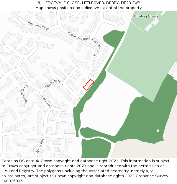 8, HEDGEVALE CLOSE, LITTLEOVER, DERBY, DE23 3WP: Location map and indicative extent of plot