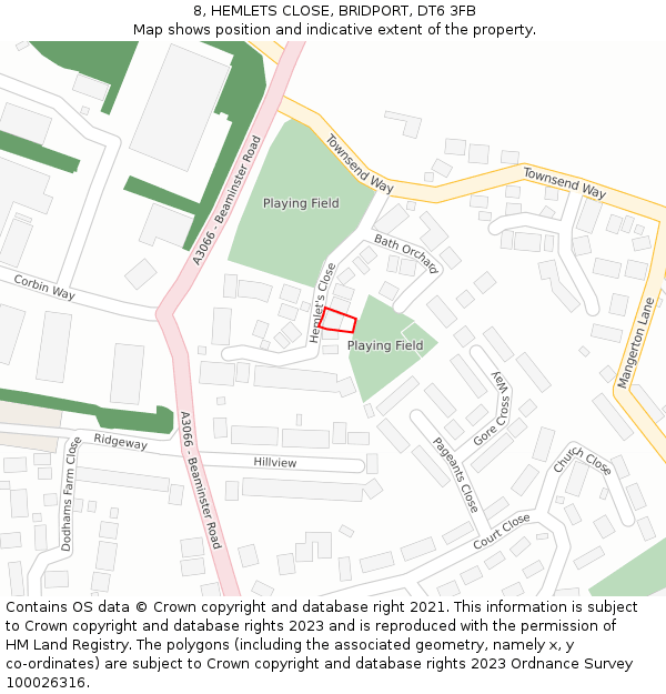 8, HEMLETS CLOSE, BRIDPORT, DT6 3FB: Location map and indicative extent of plot