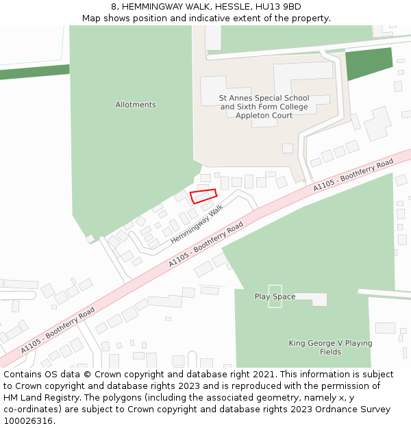 8, HEMMINGWAY WALK, HESSLE, HU13 9BD: Location map and indicative extent of plot