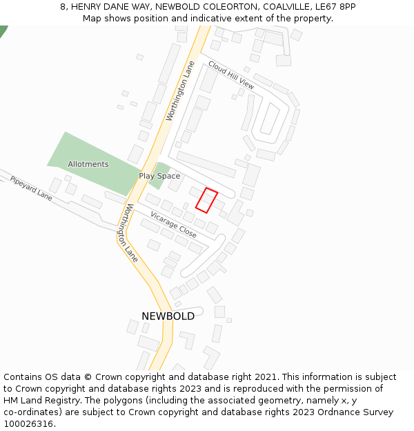 8, HENRY DANE WAY, NEWBOLD COLEORTON, COALVILLE, LE67 8PP: Location map and indicative extent of plot