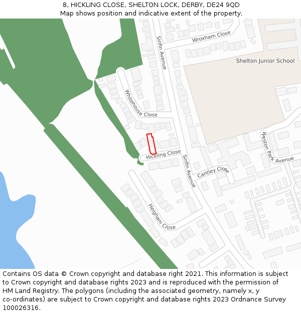 8, HICKLING CLOSE, SHELTON LOCK, DERBY, DE24 9QD: Location map and indicative extent of plot