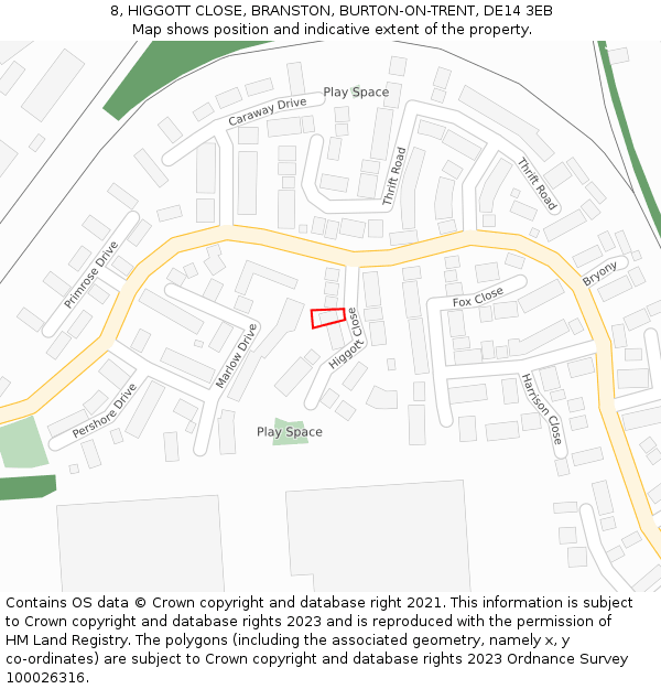 8, HIGGOTT CLOSE, BRANSTON, BURTON-ON-TRENT, DE14 3EB: Location map and indicative extent of plot