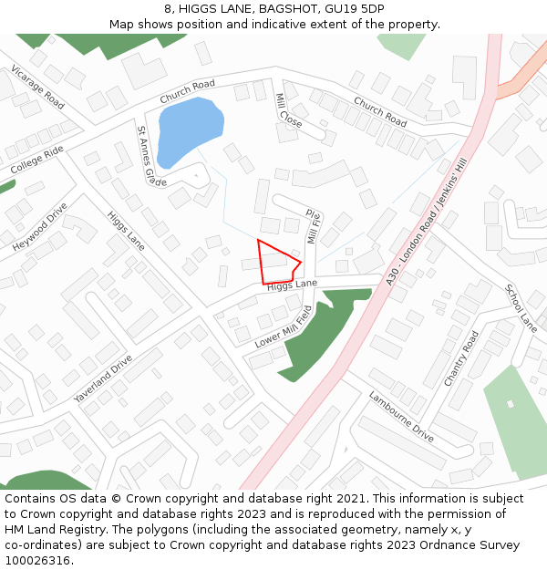 8, HIGGS LANE, BAGSHOT, GU19 5DP: Location map and indicative extent of plot