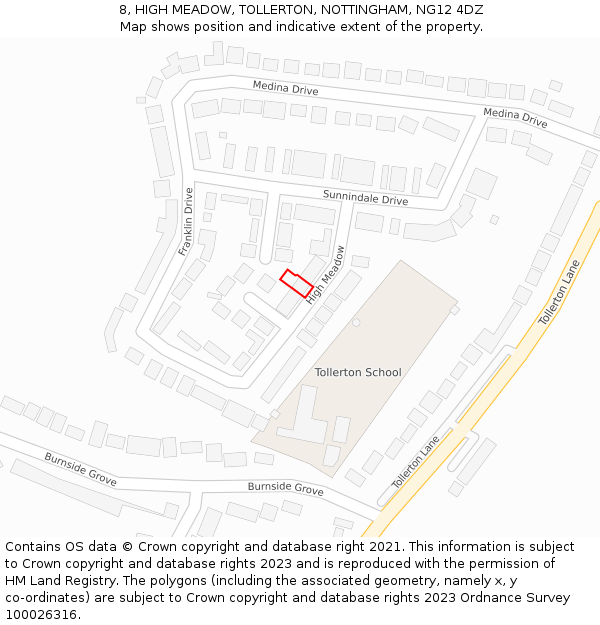 8, HIGH MEADOW, TOLLERTON, NOTTINGHAM, NG12 4DZ: Location map and indicative extent of plot