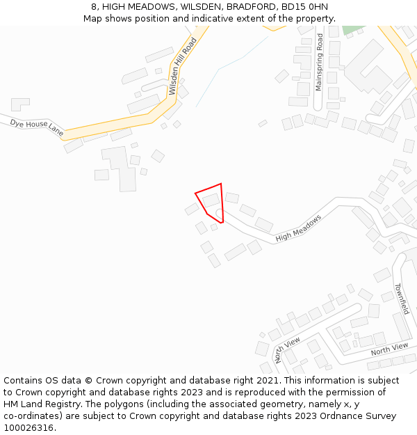 8, HIGH MEADOWS, WILSDEN, BRADFORD, BD15 0HN: Location map and indicative extent of plot