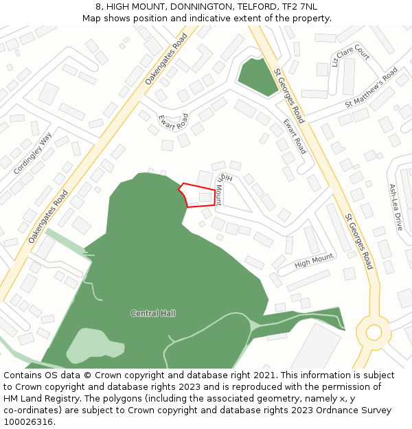 8, HIGH MOUNT, DONNINGTON, TELFORD, TF2 7NL: Location map and indicative extent of plot