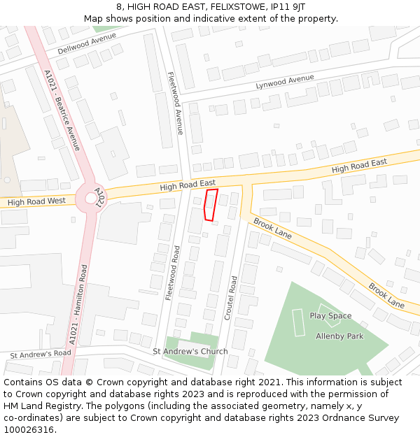 8, HIGH ROAD EAST, FELIXSTOWE, IP11 9JT: Location map and indicative extent of plot