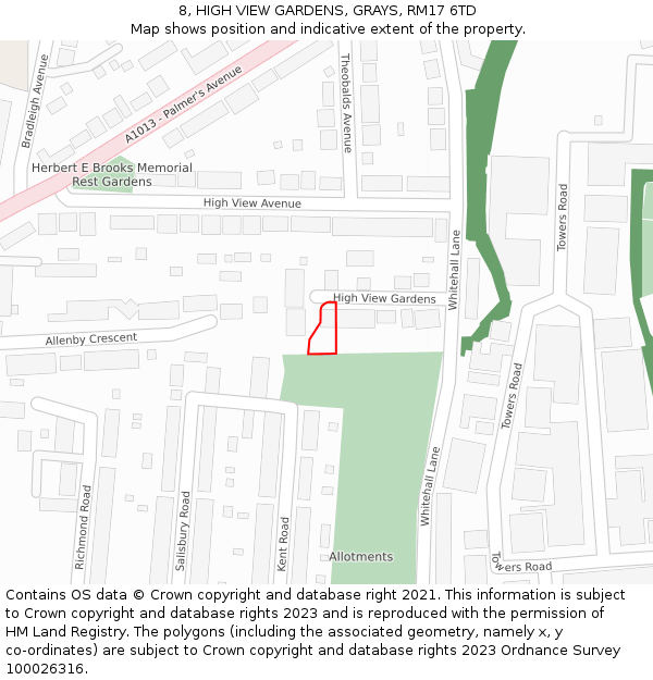 8, HIGH VIEW GARDENS, GRAYS, RM17 6TD: Location map and indicative extent of plot