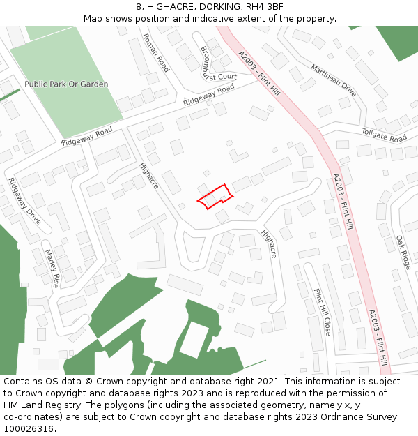 8, HIGHACRE, DORKING, RH4 3BF: Location map and indicative extent of plot