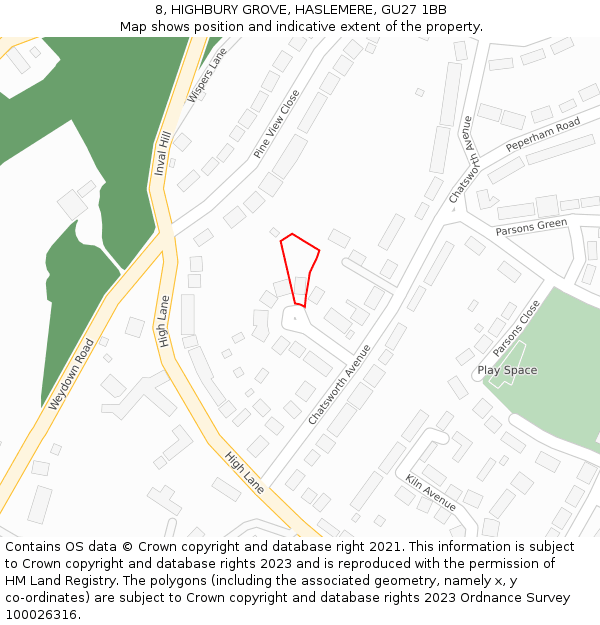 8, HIGHBURY GROVE, HASLEMERE, GU27 1BB: Location map and indicative extent of plot