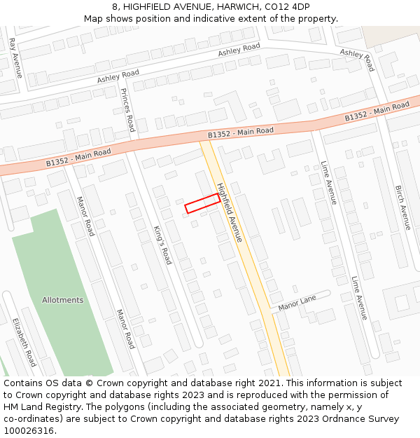 8, HIGHFIELD AVENUE, HARWICH, CO12 4DP: Location map and indicative extent of plot