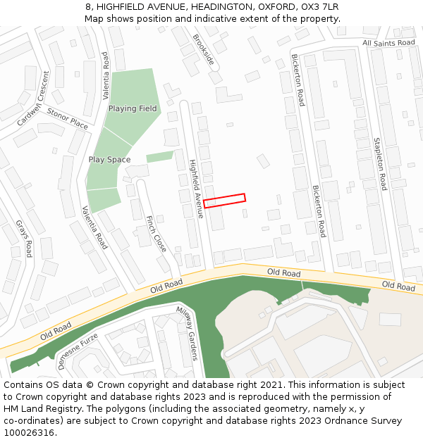 8, HIGHFIELD AVENUE, HEADINGTON, OXFORD, OX3 7LR: Location map and indicative extent of plot