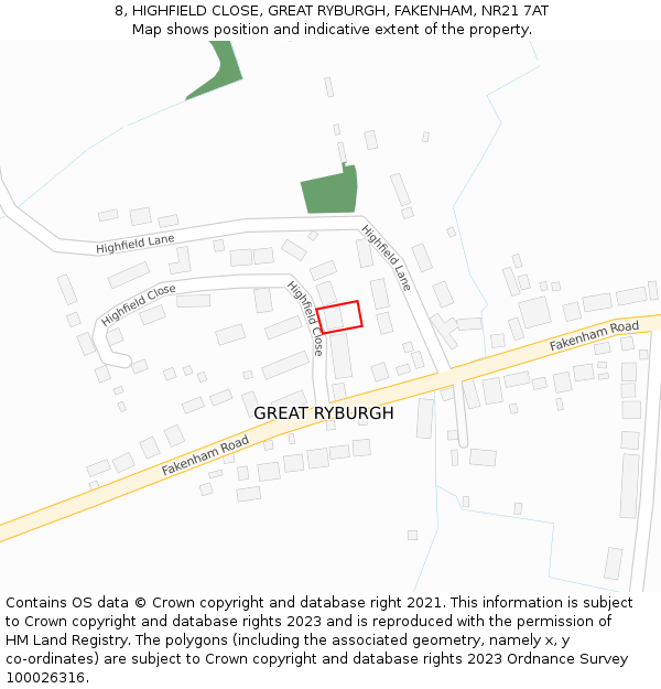 8, HIGHFIELD CLOSE, GREAT RYBURGH, FAKENHAM, NR21 7AT: Location map and indicative extent of plot