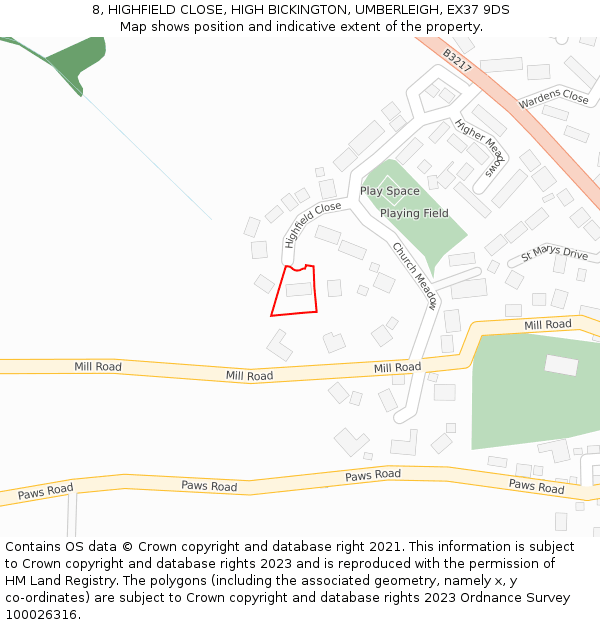 8, HIGHFIELD CLOSE, HIGH BICKINGTON, UMBERLEIGH, EX37 9DS: Location map and indicative extent of plot