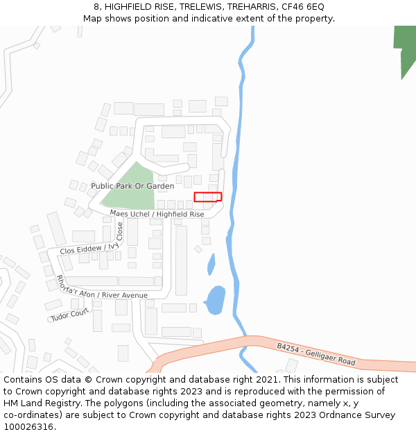 8, HIGHFIELD RISE, TRELEWIS, TREHARRIS, CF46 6EQ: Location map and indicative extent of plot