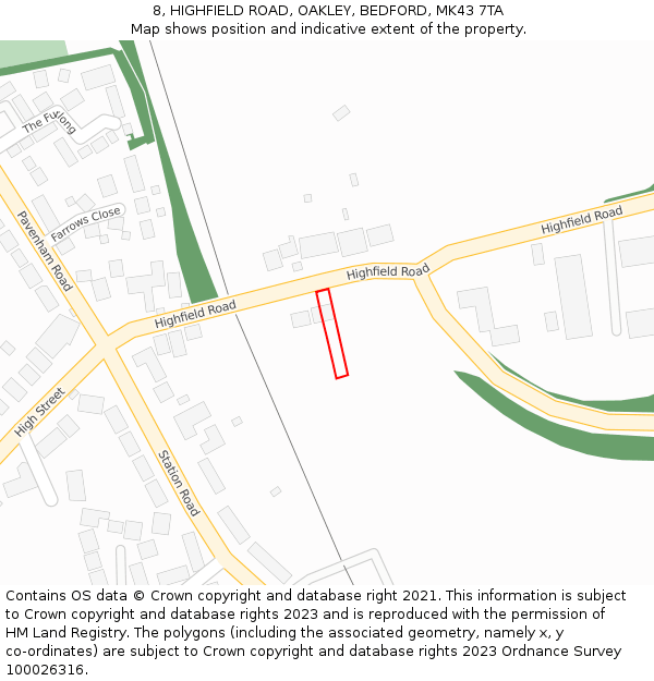 8, HIGHFIELD ROAD, OAKLEY, BEDFORD, MK43 7TA: Location map and indicative extent of plot