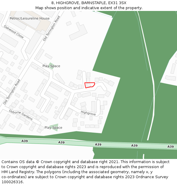 8, HIGHGROVE, BARNSTAPLE, EX31 3SX: Location map and indicative extent of plot