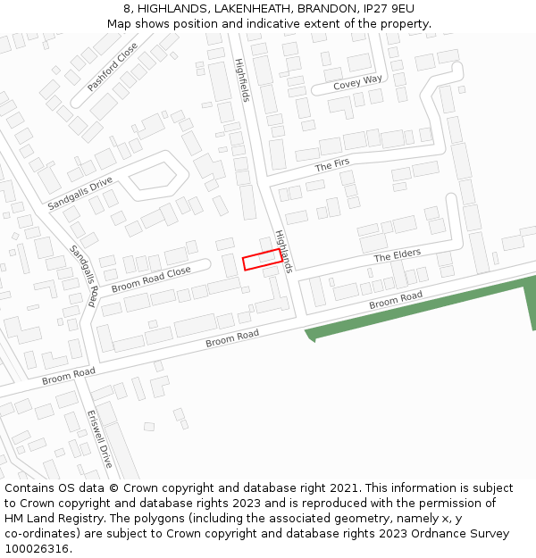 8, HIGHLANDS, LAKENHEATH, BRANDON, IP27 9EU: Location map and indicative extent of plot