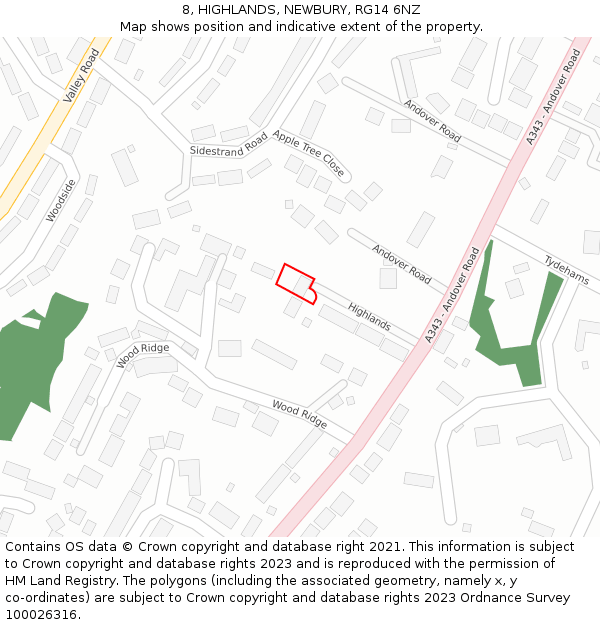 8, HIGHLANDS, NEWBURY, RG14 6NZ: Location map and indicative extent of plot