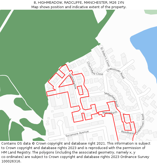 8, HIGHMEADOW, RADCLIFFE, MANCHESTER, M26 1YN: Location map and indicative extent of plot
