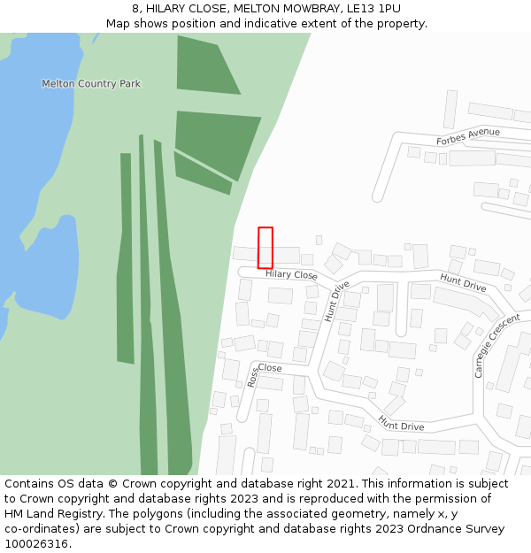 8, HILARY CLOSE, MELTON MOWBRAY, LE13 1PU: Location map and indicative extent of plot
