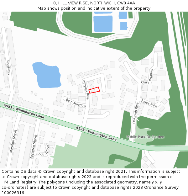 8, HILL VIEW RISE, NORTHWICH, CW8 4XA: Location map and indicative extent of plot