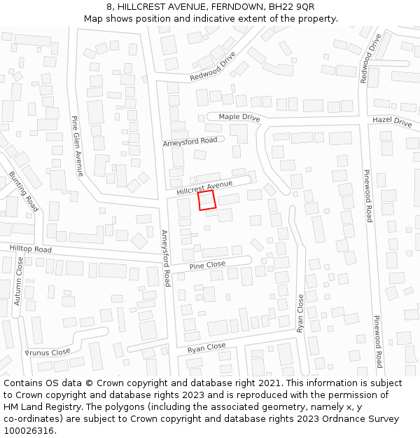 8, HILLCREST AVENUE, FERNDOWN, BH22 9QR: Location map and indicative extent of plot