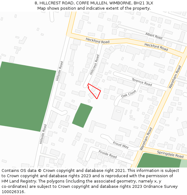 8, HILLCREST ROAD, CORFE MULLEN, WIMBORNE, BH21 3LX: Location map and indicative extent of plot