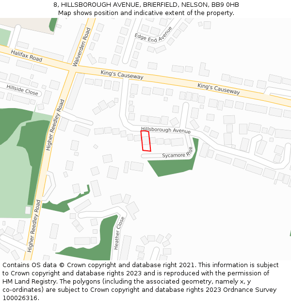 8, HILLSBOROUGH AVENUE, BRIERFIELD, NELSON, BB9 0HB: Location map and indicative extent of plot