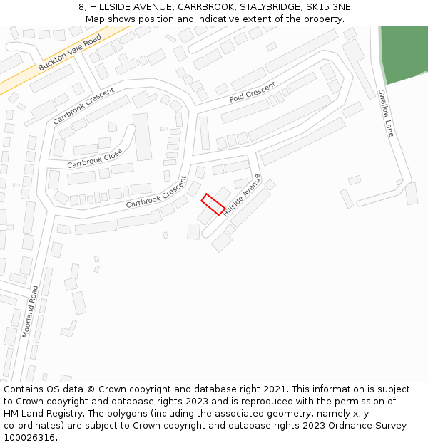 8, HILLSIDE AVENUE, CARRBROOK, STALYBRIDGE, SK15 3NE: Location map and indicative extent of plot