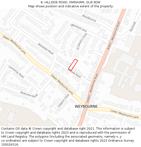 8, HILLSIDE ROAD, FARNHAM, GU9 9DW: Location map and indicative extent of plot