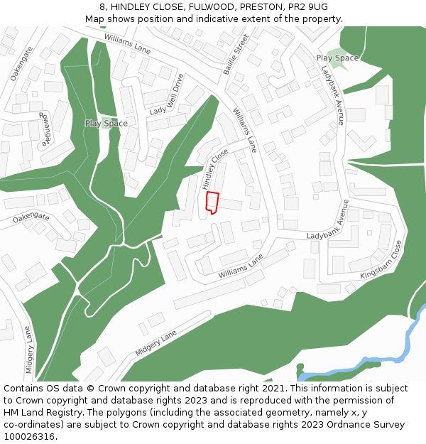 8, HINDLEY CLOSE, FULWOOD, PRESTON, PR2 9UG: Location map and indicative extent of plot