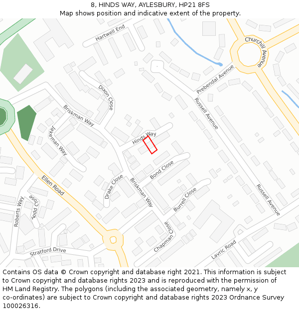 8, HINDS WAY, AYLESBURY, HP21 8FS: Location map and indicative extent of plot