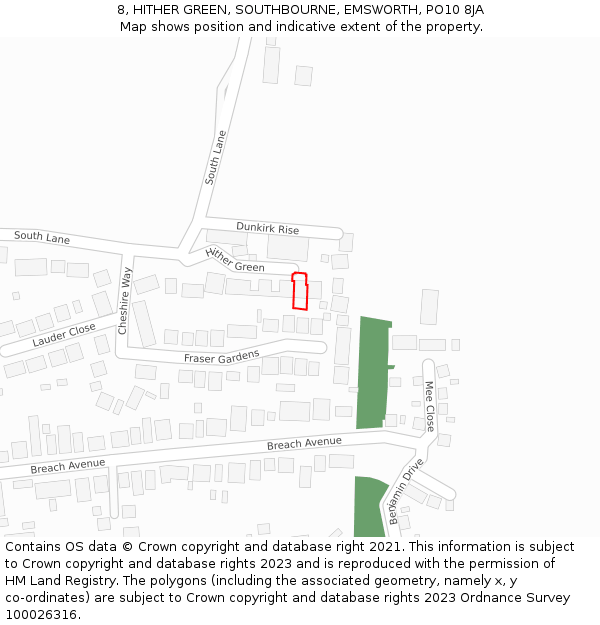 8, HITHER GREEN, SOUTHBOURNE, EMSWORTH, PO10 8JA: Location map and indicative extent of plot