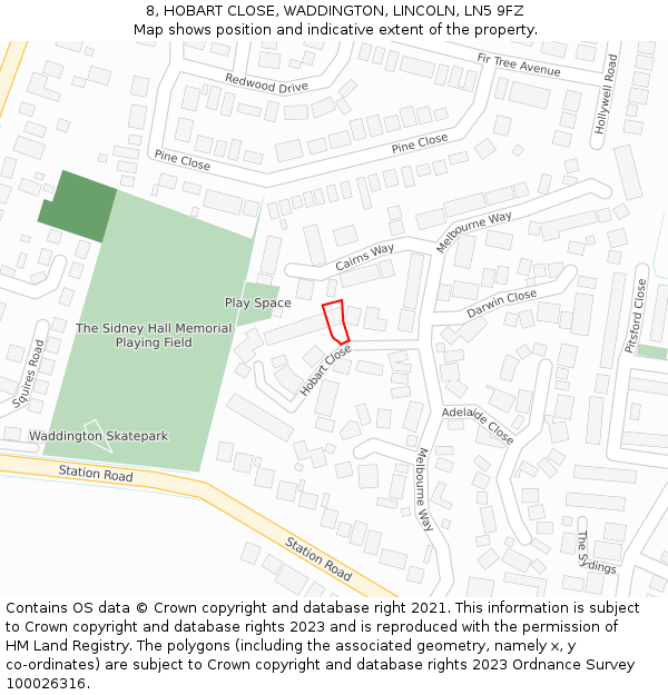 8, HOBART CLOSE, WADDINGTON, LINCOLN, LN5 9FZ: Location map and indicative extent of plot