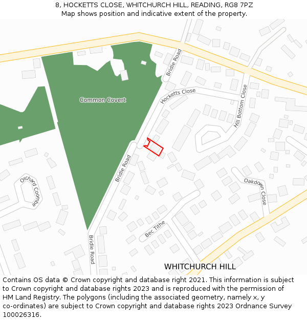 8, HOCKETTS CLOSE, WHITCHURCH HILL, READING, RG8 7PZ: Location map and indicative extent of plot