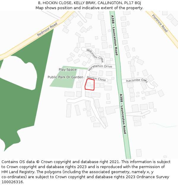 8, HOCKIN CLOSE, KELLY BRAY, CALLINGTON, PL17 8GJ: Location map and indicative extent of plot
