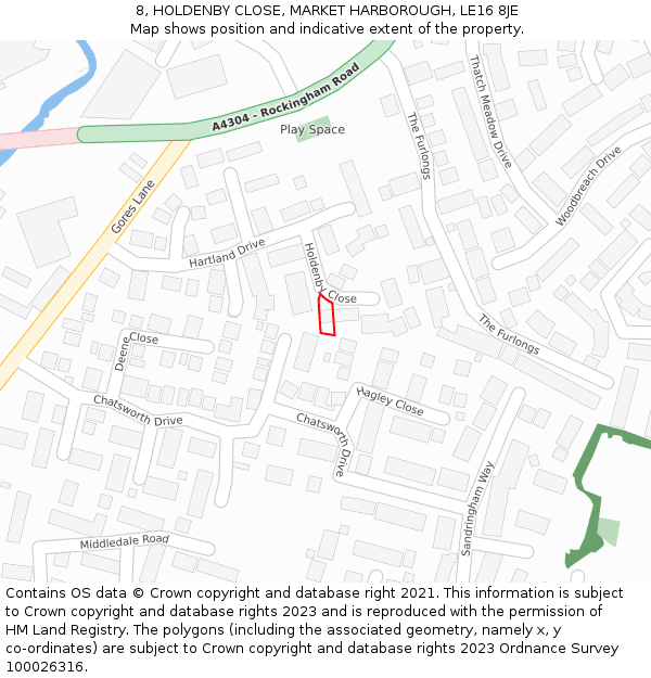 8, HOLDENBY CLOSE, MARKET HARBOROUGH, LE16 8JE: Location map and indicative extent of plot