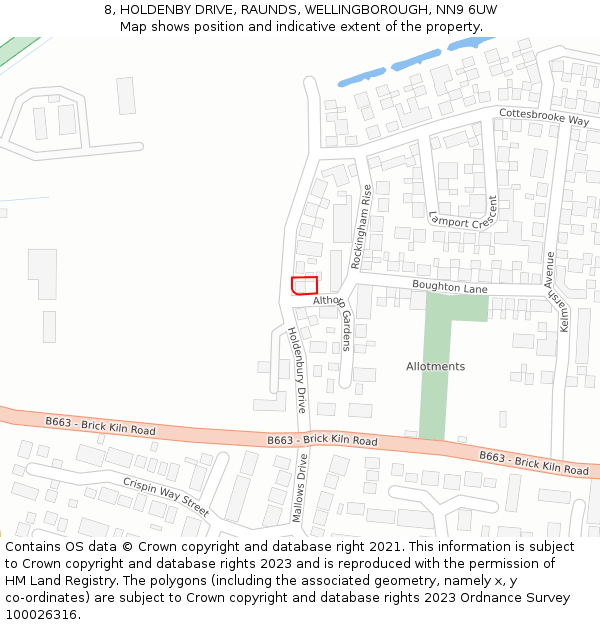 8, HOLDENBY DRIVE, RAUNDS, WELLINGBOROUGH, NN9 6UW: Location map and indicative extent of plot