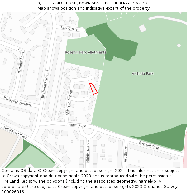 8, HOLLAND CLOSE, RAWMARSH, ROTHERHAM, S62 7DG: Location map and indicative extent of plot