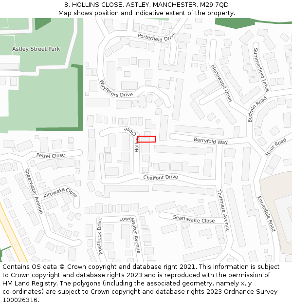 8, HOLLINS CLOSE, ASTLEY, MANCHESTER, M29 7QD: Location map and indicative extent of plot