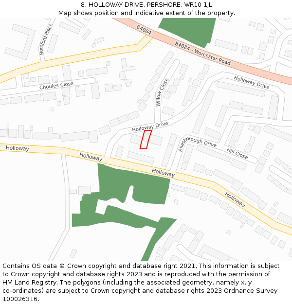 8, HOLLOWAY DRIVE, PERSHORE, WR10 1JL: Location map and indicative extent of plot