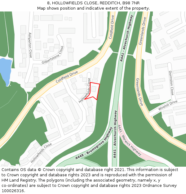 8, HOLLOWFIELDS CLOSE, REDDITCH, B98 7NR: Location map and indicative extent of plot