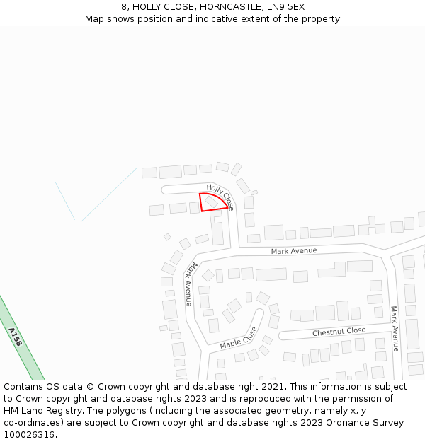 8, HOLLY CLOSE, HORNCASTLE, LN9 5EX: Location map and indicative extent of plot